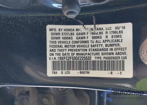 2016 Honda Civic Lx from USA, damaged, VIN 19XFC2F53GE225532